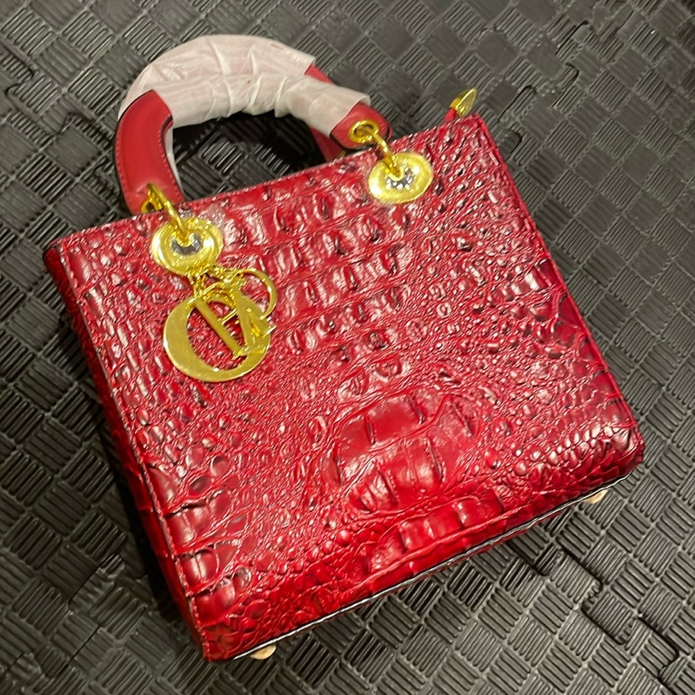 Red Square Faux Leather Handbag with Shoulder Strap